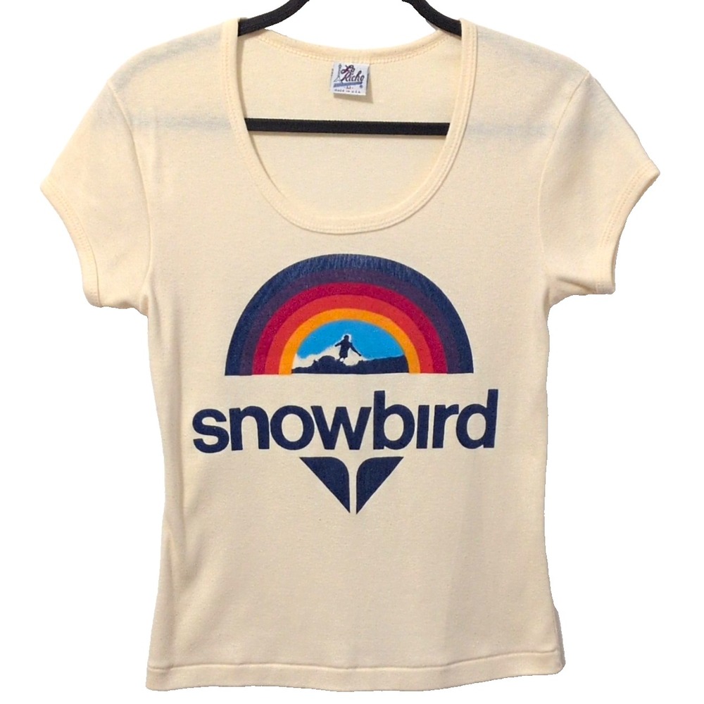Vintage Le Riche Snowbird Ski Resort T-Shirt M Yellow Scoop Neck Retro 70s 80s